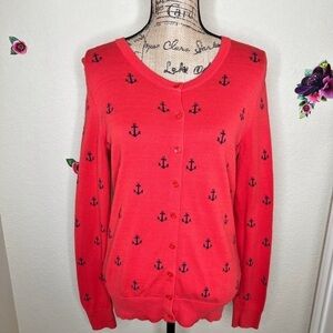 Tommy Hilfiger Button Down Red-Orange with Navy Anchors Sweater Cardigan Size M